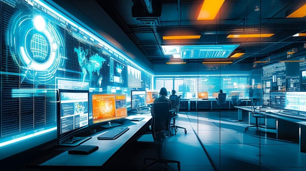 Security Operation Center (SOC) in action - analysts monitoring screens, cybersecurity tools in use, and a modern, high-tech environment 1