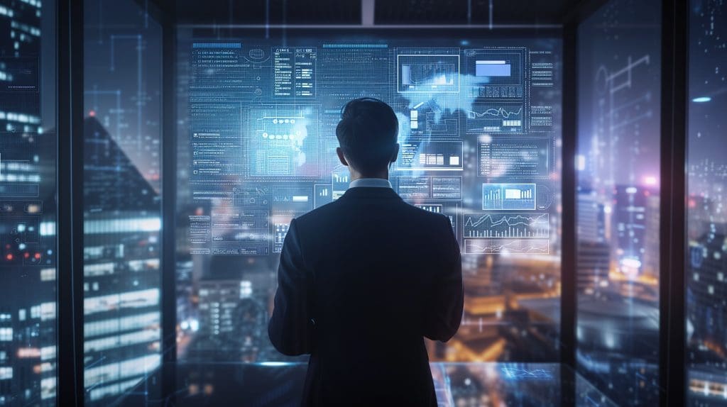 Tech executive navigating a virtual AMS landscape on a futuristic holographic display.