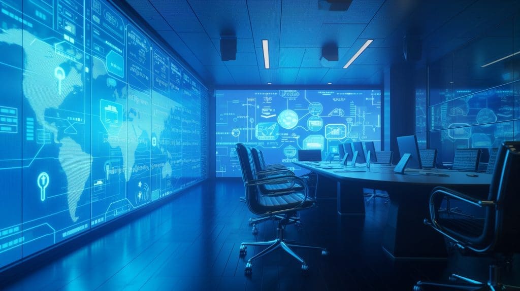 A high-tech conference room bathed in subtle blue lighting, showcasing futuristic holographic displays projecting diverse applications supported by application managed services.
